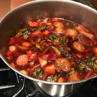 Roasted Vegetable Soup With Beet Greens Made By Doug McKinney