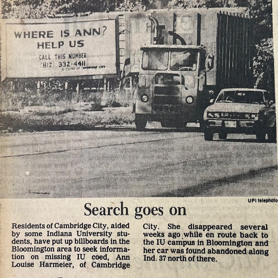 A page from a 1977 edition of The Herald-Telephone detailing the continued search for Ann Harmeier.