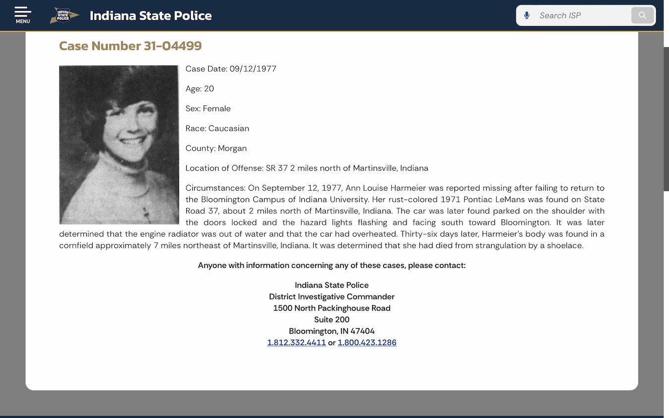 Ann Harmeier's Indiana State Police case profile
