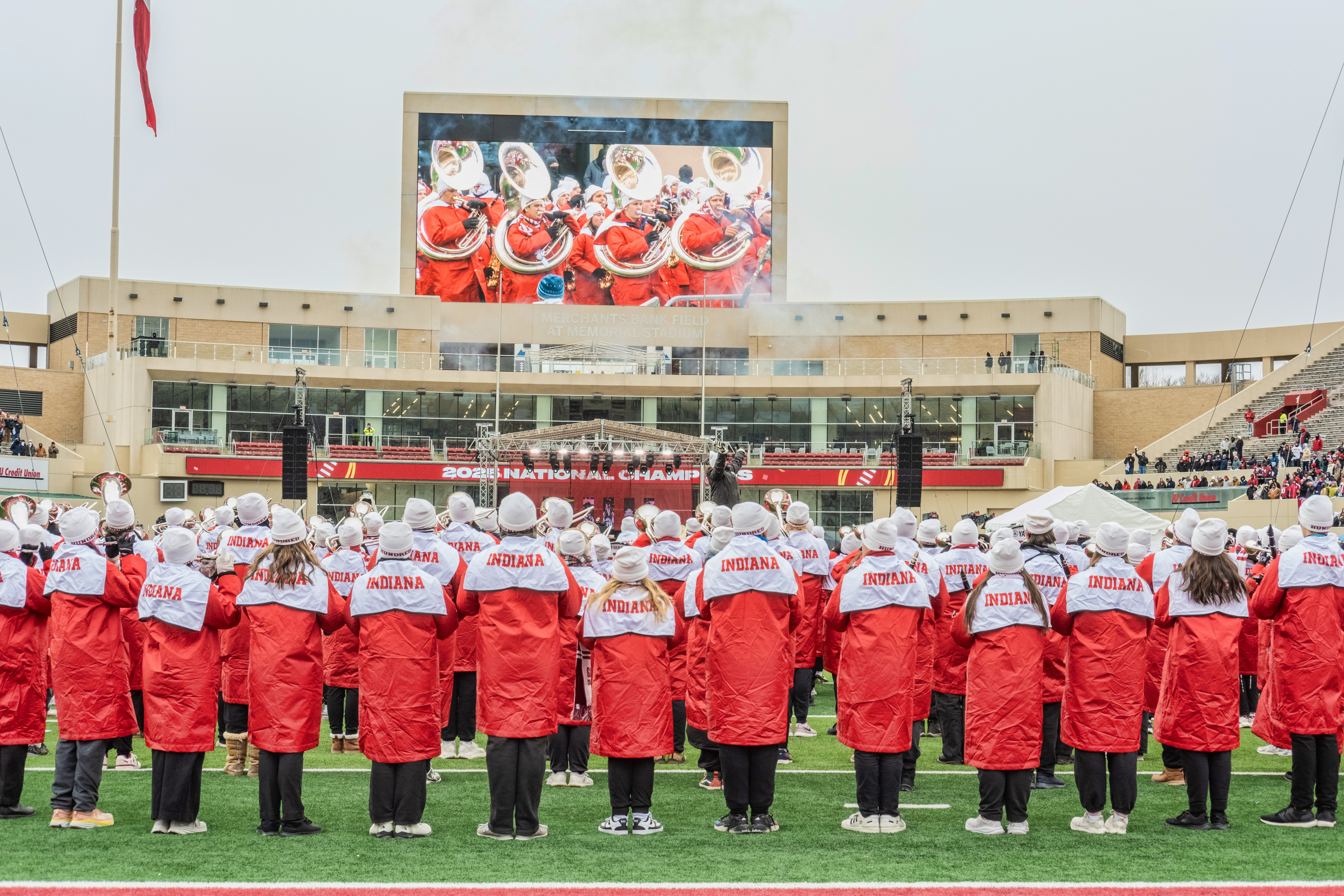 The Marching Hundred band performs to a crowd of football fans at IU's Memorial Stadium.