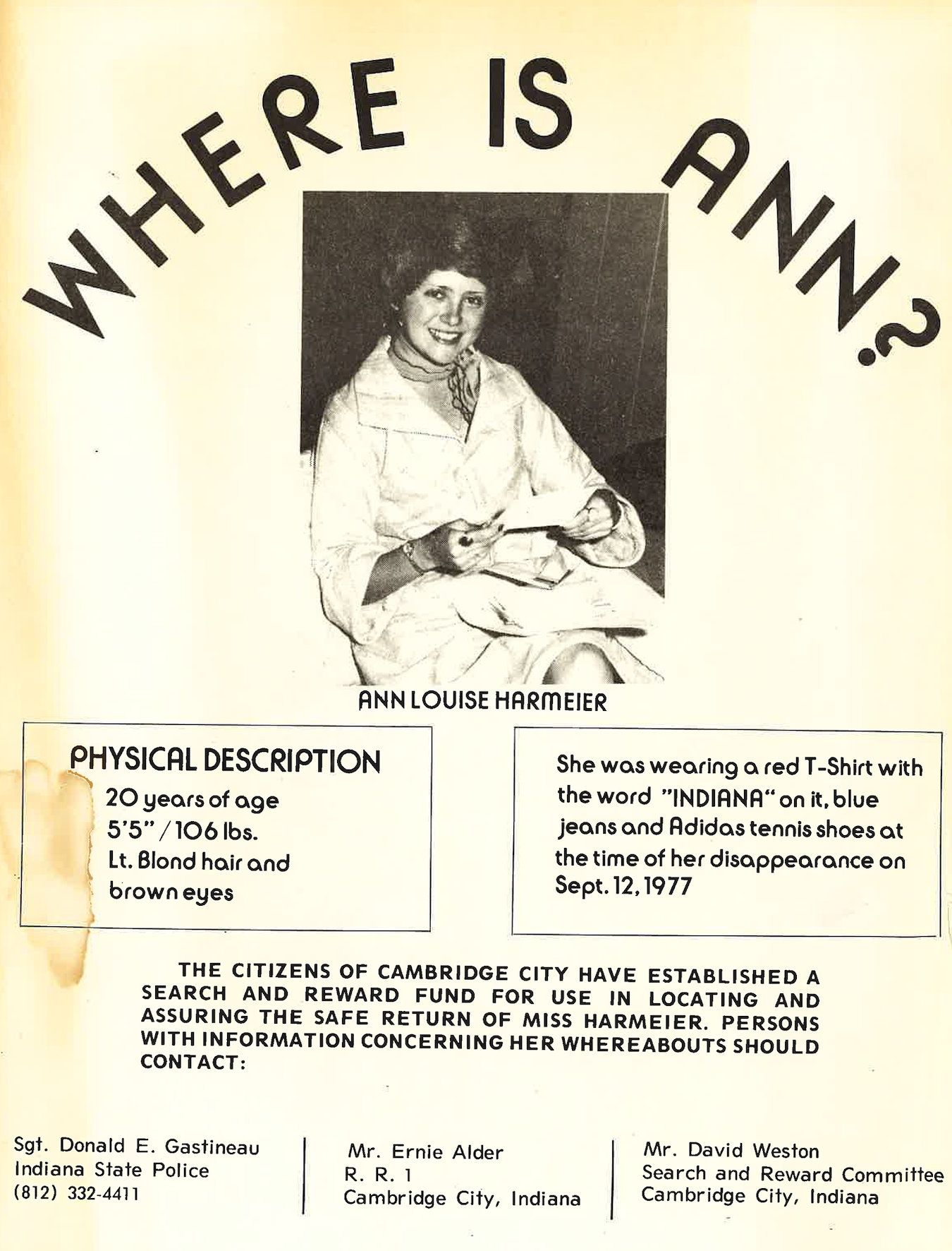 A missing persons poster by the Citizens of Cambridge City giving a physical description of Ann Harmeier