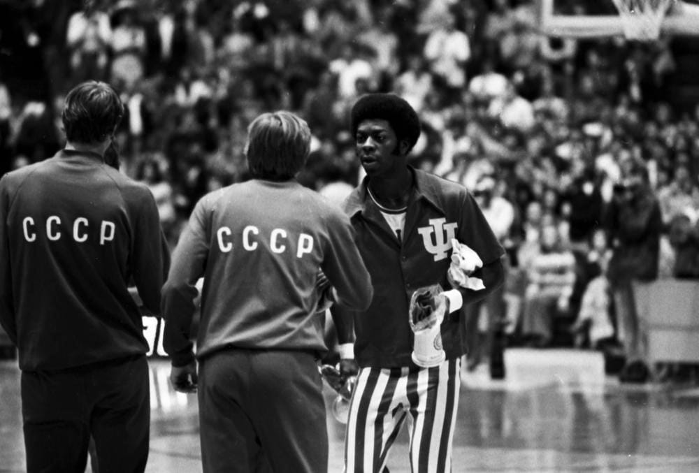 Bobby Wilkerson shakes hands with Union of Soviet Socialist Republics basketball players at Market Square Arena in Indianapolis on November 3, 1975.