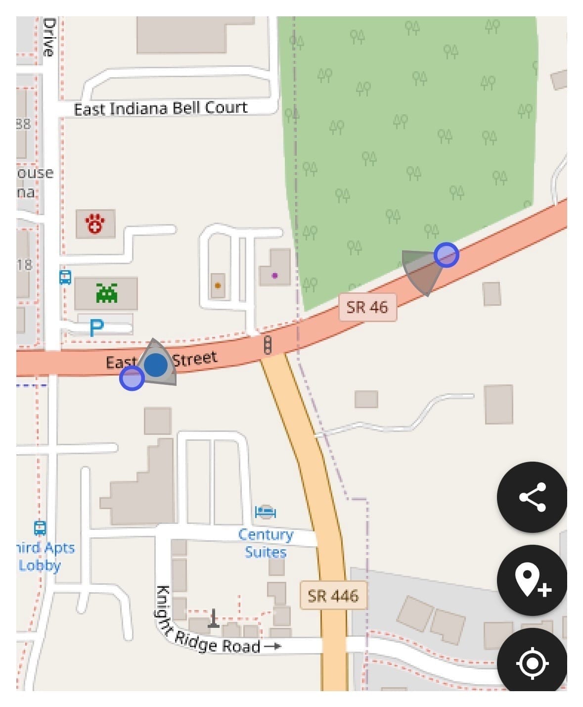 A screenshot of a digital map depicting two Flock cameras installed on East 3rd Street and State Road 46 in Bloomington, Indiana