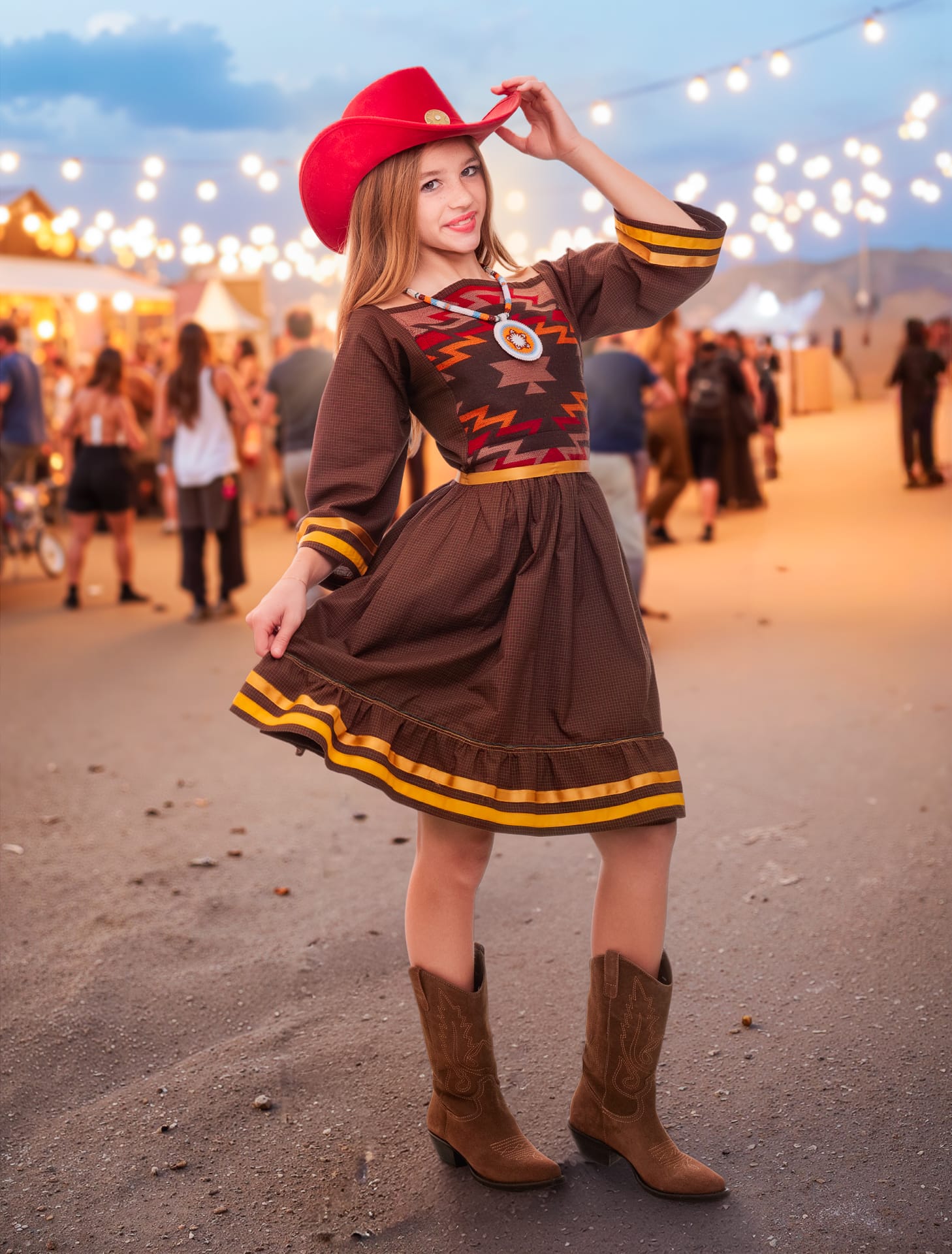 a girl wearing a red cowboy hat, brown and gold western-themed dress, and cowboy boots. Lights, tents, and distant mountains in the background suggest an outdoor festival