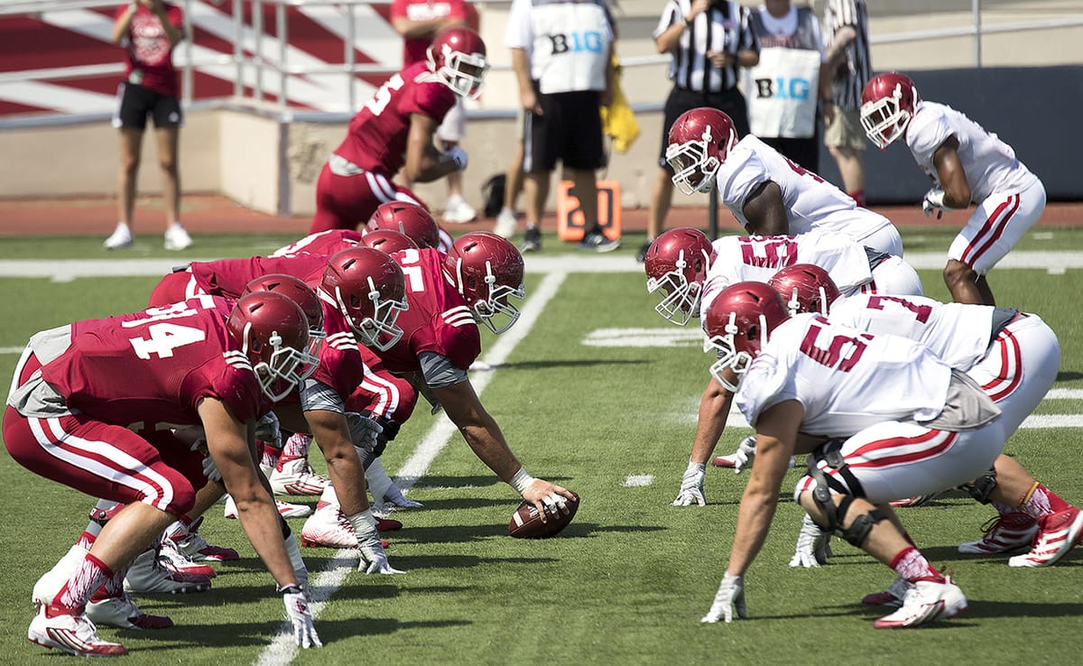 IU football team's senior captain Nick Mangieri says the defensive front seven, shown here during preseason scrimmage against