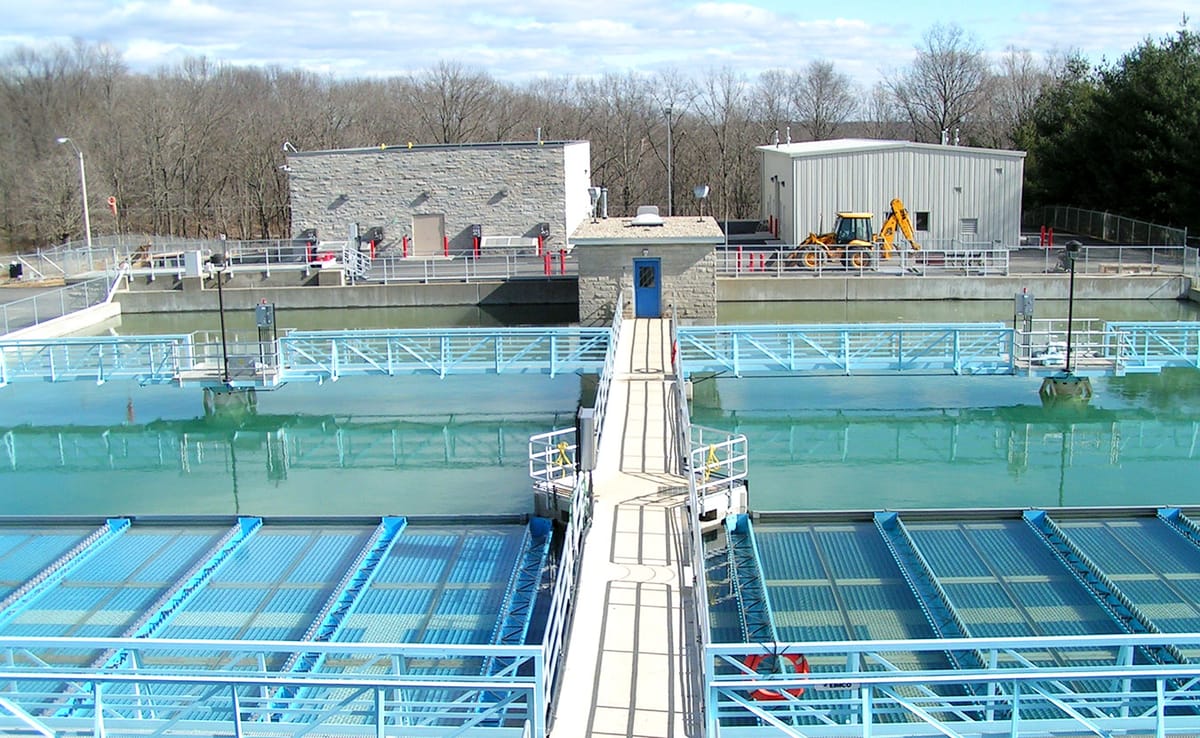 Two sediment basins at the Monroe Water Treatment Plant near Lake Monroe, Bloomington's water source. Journalist Michael Glab