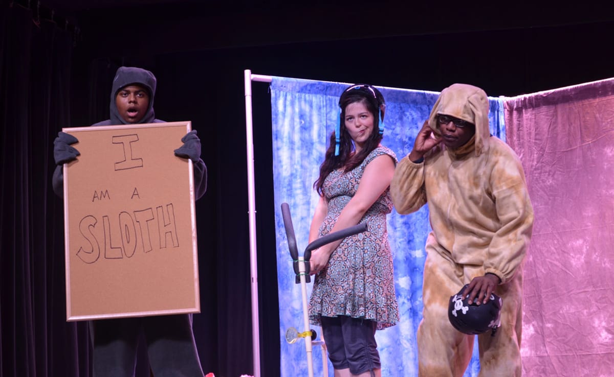 A Reimagining Opera for Kids (ROK) performance of "Rufus and Rita," featuring (l-r) Dexter Griffin as the Sloth, Alejandra Ma