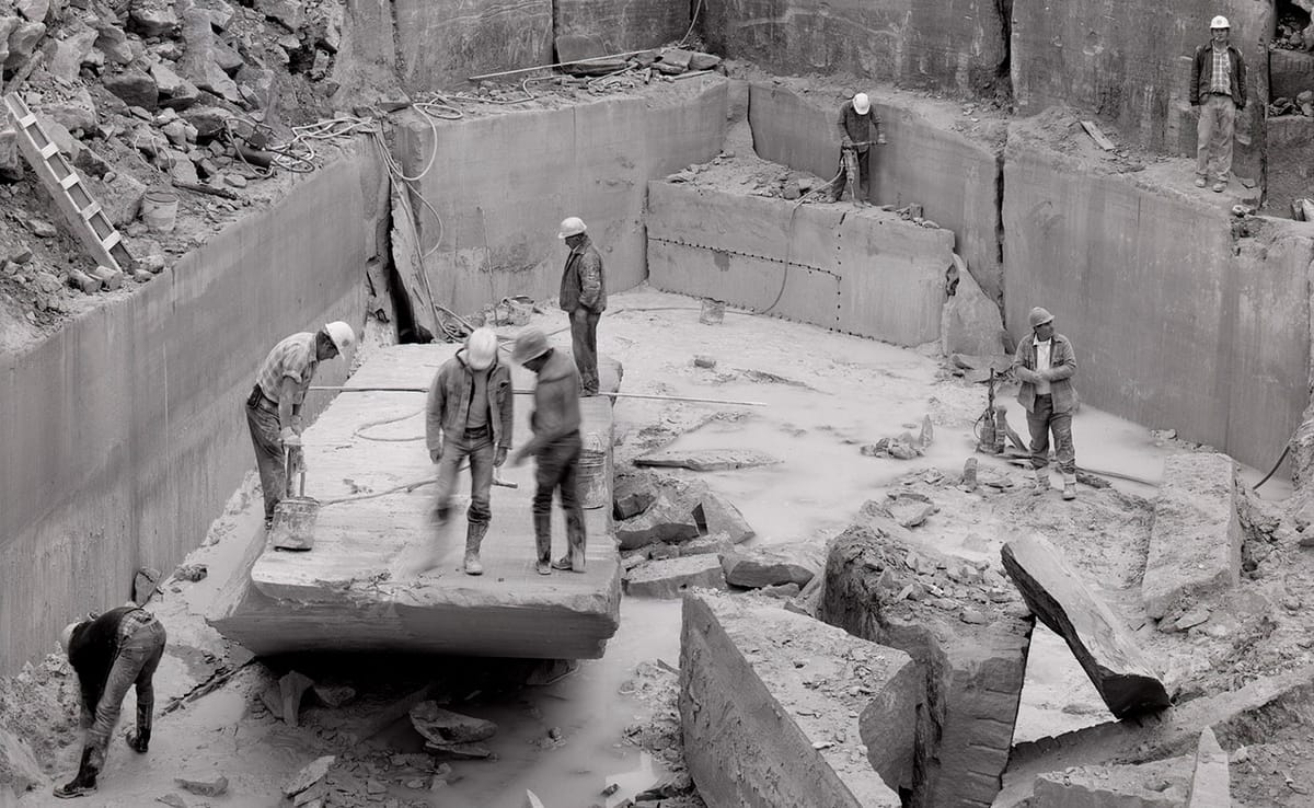 This photo by Jeffrey Wolin shows the last day of quarry season at the Independent Limestone quarry in 1983. This is one of m