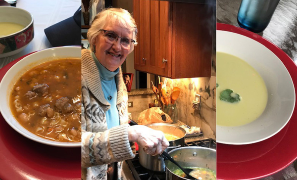 Sausage soup; Diane Kewley Port at the stove serving soup; a bowl of split pea soup.