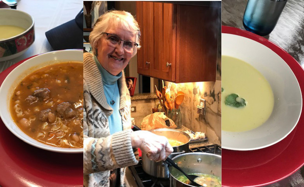 Sausage soup; Diane Kewley Port at the stove serving soup; a bowl of split pea soup.