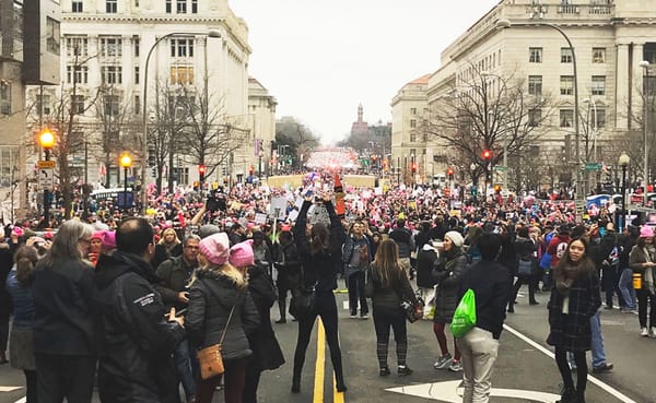 A look toward the crowds of people in the streets and on the National Mall at about 4 p.m., Saturday, January 21, 2017, durin
