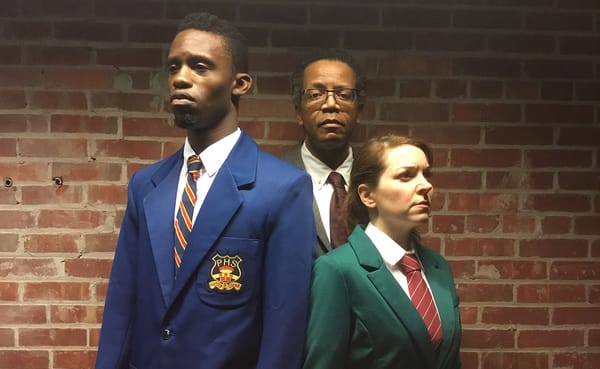 The cast of Art of Africa's production of "My Children! My Africa!" by Athol Fugard: (l-r) Yusef Agunbiade as Thami, Ansley V