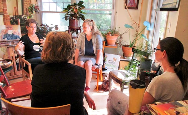 Artists (clockwise from left) Ellen Starr Lyon, Christy Wiesenhahn, Meg Lagodzki, and Sarah Pearce gather in Lyon's home stud