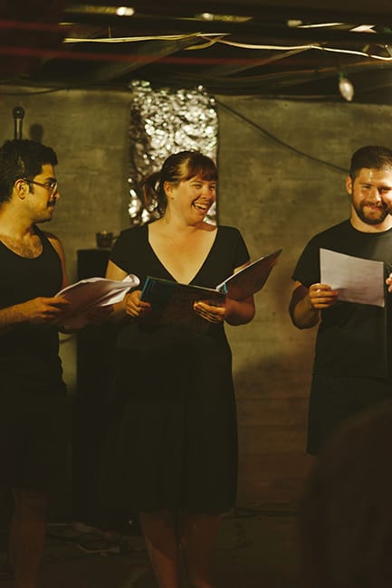 (l-r) Perry Shoar, Bethy Squires, and Cody St. Clair rehearse a scene from "Trading Faces." | Photo by Natasha Komoda