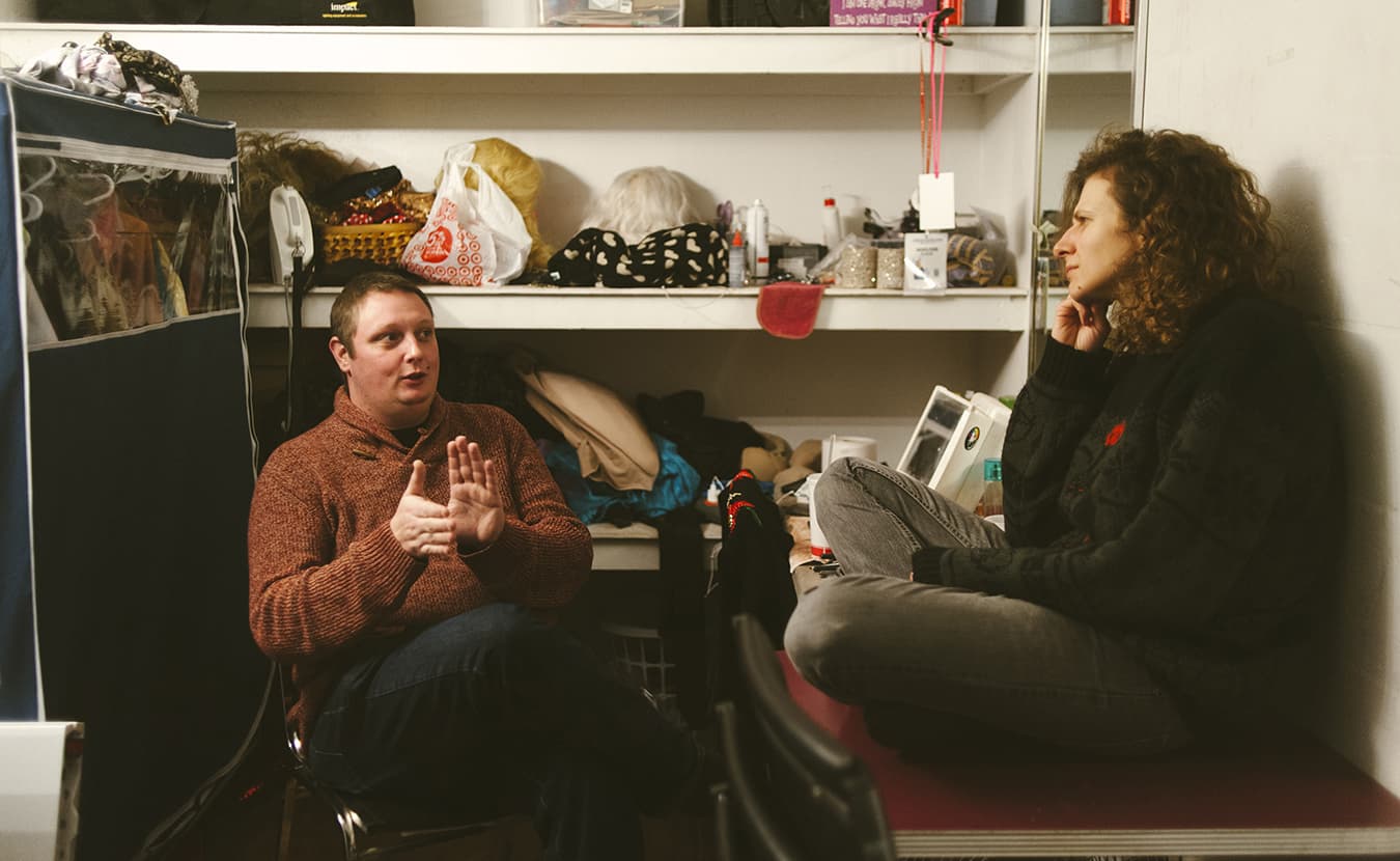 Patricio Battani, left, and Back Door co-owner Nicci Boroski talk in the bar's dressing room. | Photo by Natasha Komoda