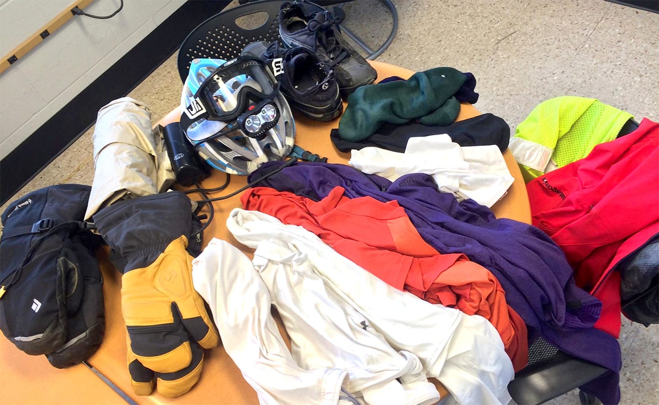 Biking in the winter calls for a lot of gear — Nicholas Port used all of these items (some worn, some backup) for one 15- to 20-minute commute in 8°F weather. <a href="https://www.facebook.com/photo.php?fbid=592006740929857&amp;set=g.534201990028303&amp;type=1&amp;theater" target="_blank">Click here to see the full list.</a> | Photo by Nicholas Port