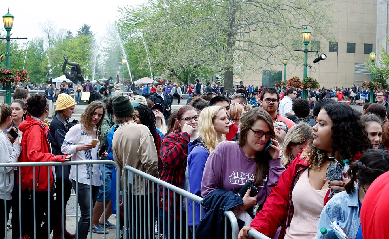 So many people showed up to see Sanders speak, thousands had to remain outside in the rain. Sanders addressed the folks outside before and after the event. | Photo by TJ Jaeger