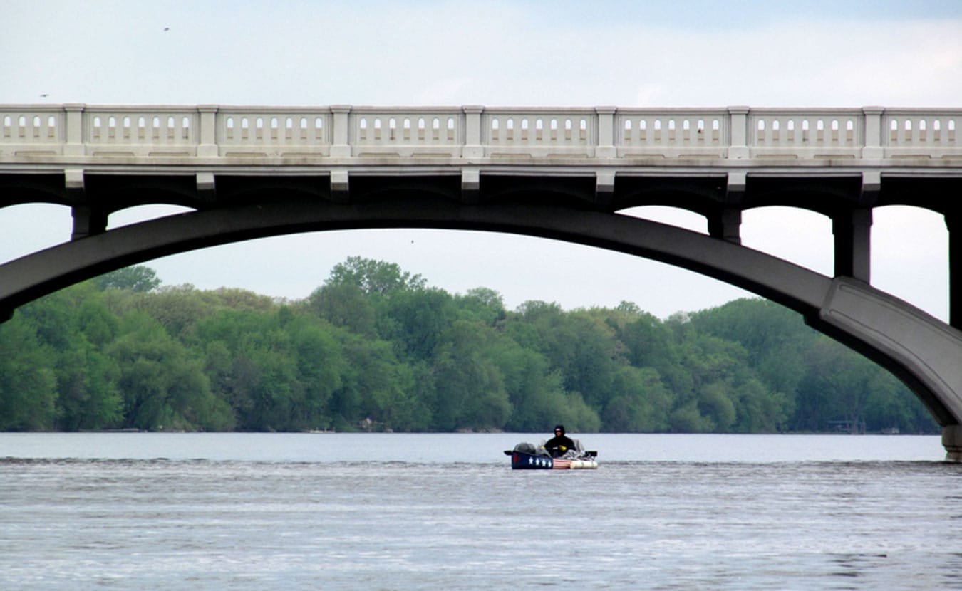 Waterford painted one of the canoes like the American flag. Pictured here, they are nearing the Twin Cities in Minnesota. | Courtesy photo