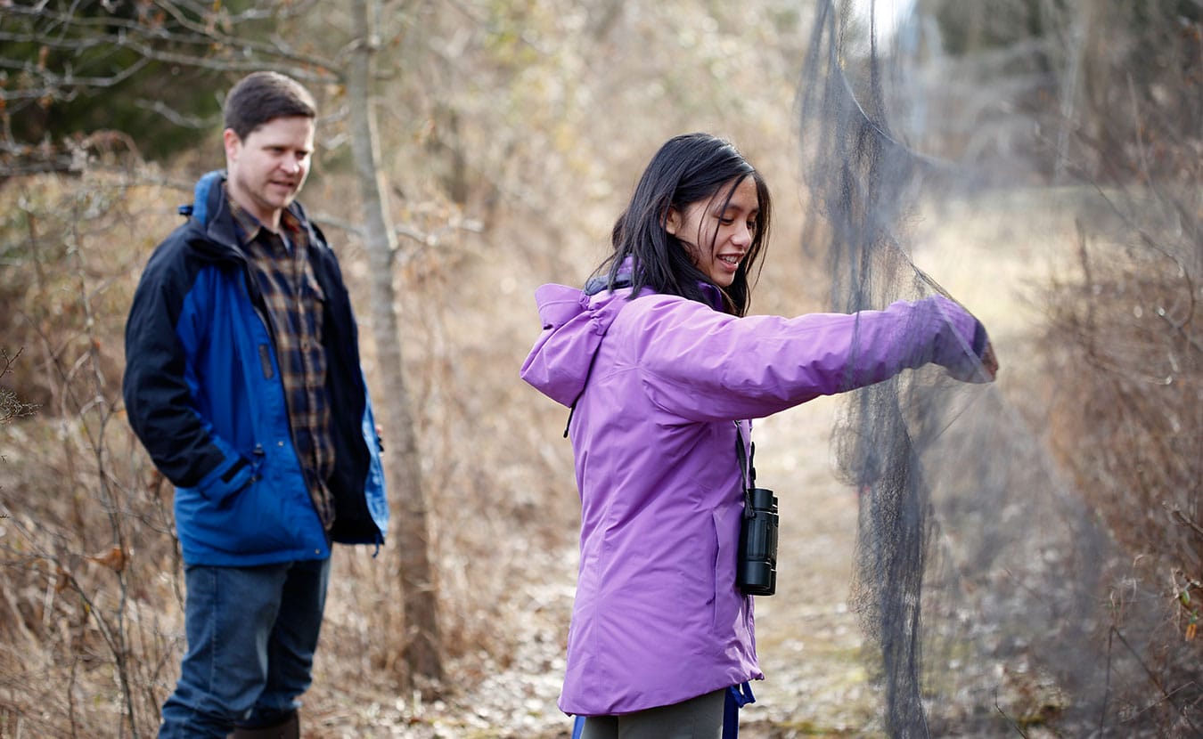 Fudickar and Bobay are opening mist nets to catch migratory birds at the Kent Farm Banding Station. Bobay is an IU Sustainability Scholar and senior pursuing a degree in environmental science in the School of Public and Environmental Affairs. | Photo courtesy Eric Rudd, Indiana University Communications