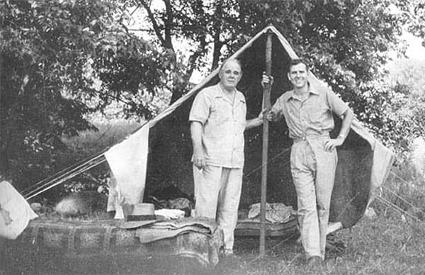 RLJ, right, with Ross Lockridge Sr., camping at the old Lockridge farm on the Eel River in Miami County in the summer of 1942. | Photo by Ernest Lockridge, three years old. Photographs from <a href="http://www.raintreecounty.com/bookphot.html" target="_blank" rel="noopener">raintreecounty.com</a> are used with permission of The Estate of Ross Lockridge, Jr.