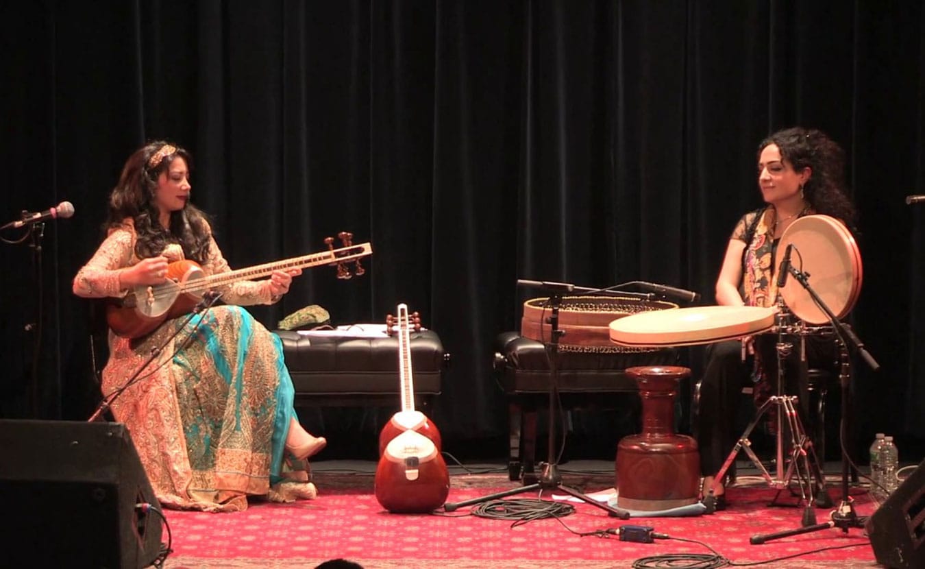 Iranian musician Sahba Motallebi, left, pictured here with friend and Persian percussionist Naghemh Farahmand. | Courtesy photo
