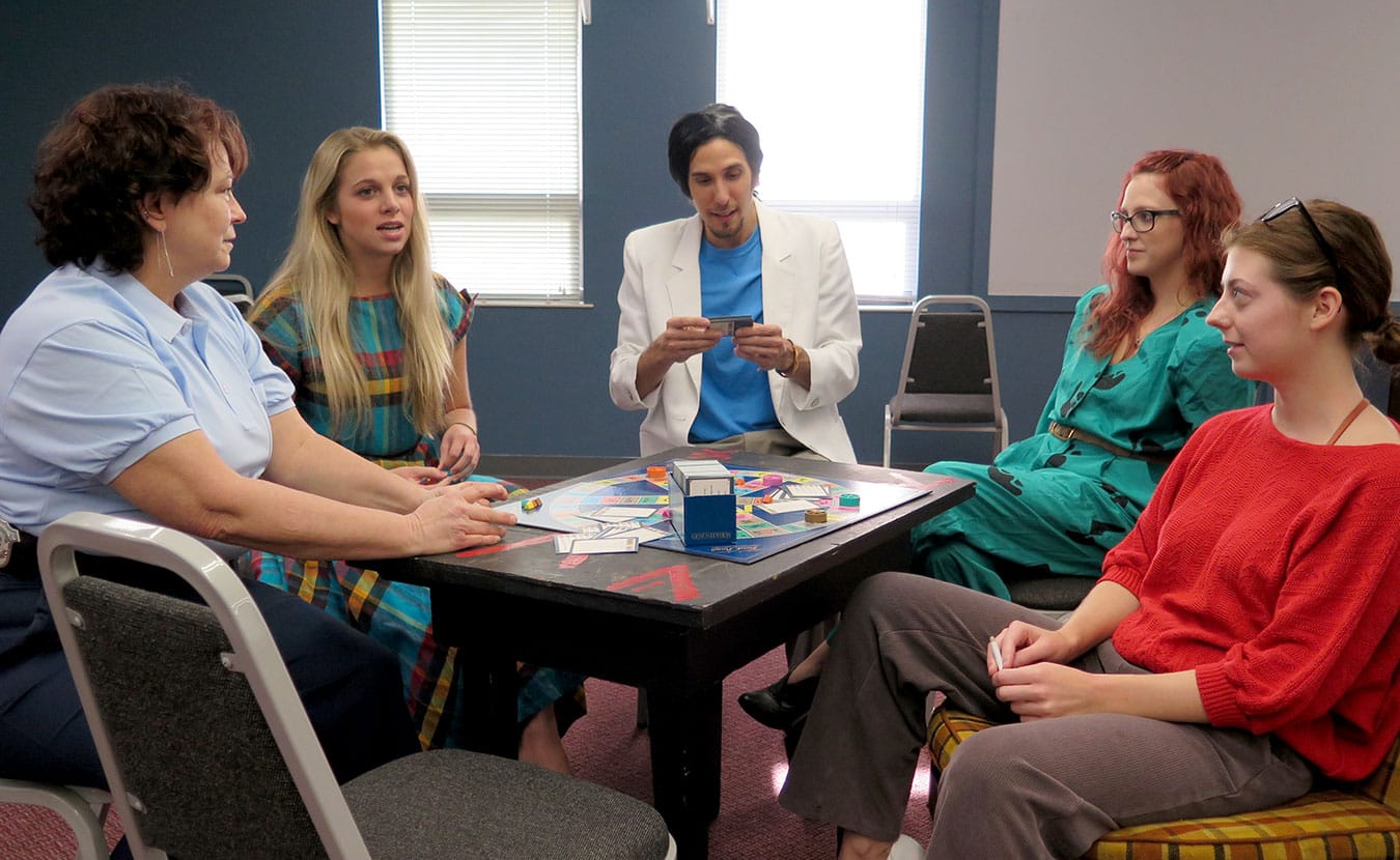 (l-r) B. Stryker DeLong (Mickey), Maria Bluck (Vera), Jason Lopez (Jesus), Catherine Sheldon (Renee), and Emma Suzanne Hamilton (Sylvia) rehearse a scene from "The Odd Couple (Female Version)." | Limestone Post