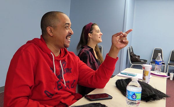 Director I. James Torry, left, and assistant director Tayler Fischer give feedback on a scene. | Limestone Post