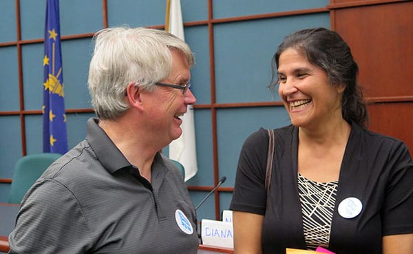 Bloomington Mayor John Hamilton and Guglielmo chat at the Rise to Run kickoff event. | Limestone Post