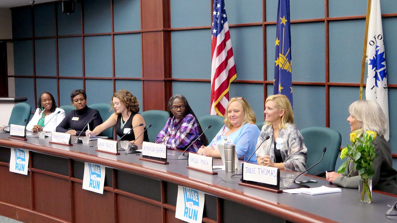Panelists for the kickoff event of Rise to Run Bloomington discussed the fundamental tools of running and winning a progressive campaign. Panelists included (l-r) Rep. Attica Woodson Scott, Kentucky State Legislature; Nicole Browne, Monroe County Clerk; Diana O’Brien, assistant professor of political science at Indiana University; Dana Black, State Democratic Party Deputy Chair; Amanda Clerkin Barge, first-year Monroe County Commissioner; Shelli Yoder, Monroe County Council member and two-time candidate for U.S. Congress; and panel moderator Julie Thomas, Monroe County Commissioner. | Limestone Post