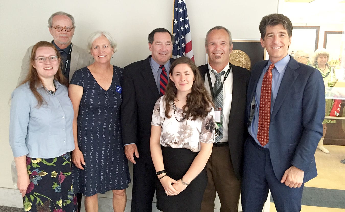 (l-r) Indiana CCL volunteers Elizabeth Venstra, Ted Wolner, and Marcia Veldman, with Senator Joe Donnelly, an intern with CCL in Wisconsin, and Indiana CCL volunteers Paul Steury and Robert Meitus. | Courtesy photo