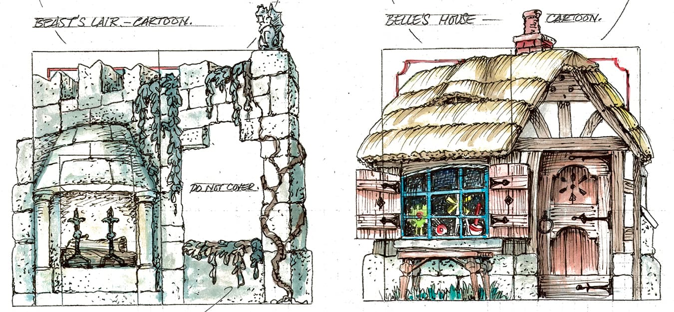 Sketches of set designs by David C. Higgins for Cardinal Stage Company’s production of ‘Disney’s Beauty and the Beast.’ The original sketches will be auctioned off at CardinalStage.org.