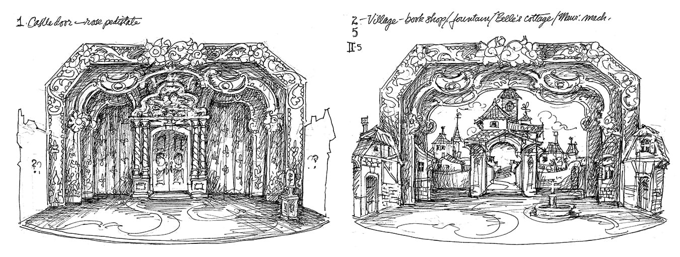 Higgins creates a variety of sketches for each set design to guide the building process, such as this one of the castle doors (left) and Belle's village.