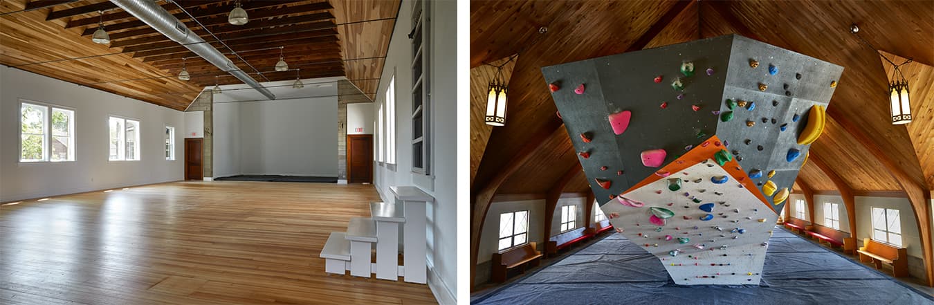 (left) The yoga room is located in the original sanctuary of the old church. Yoga classes are free for Hoosier Heights members and &#36;15 for non-members. (right) “Bouldering” is the term for climbing on smaller formations without ropes or a harness. This is a great way for new climbers to test their abilities.