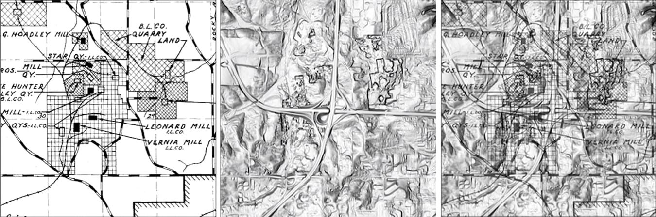 These maps, courtesy of the <a href="https://igws.indiana.edu/" target="_blank"">Indiana Geological and Water Survey</a> (IGWS), show an area northwest of Bloomington at the interchange of I-69 and State Road 46. The proposed property for Quarry in the Uplands limestone heritage park is north and west of the highways. The left image is a quarry map of the area from 1931. The middle image is the same area using LiDAR topography. In the right image, an IGWS cartographer draped the historic map over the LiDAR map. The National Ocean Service says LiDAR, which stands for Light Detection and Ranging, is 'a remote sensing method that uses light in the form of a pulsed laser to measure ranges (variable distances) to the Earth.' | Images courtesy of the Indiana Geological and Water Survey