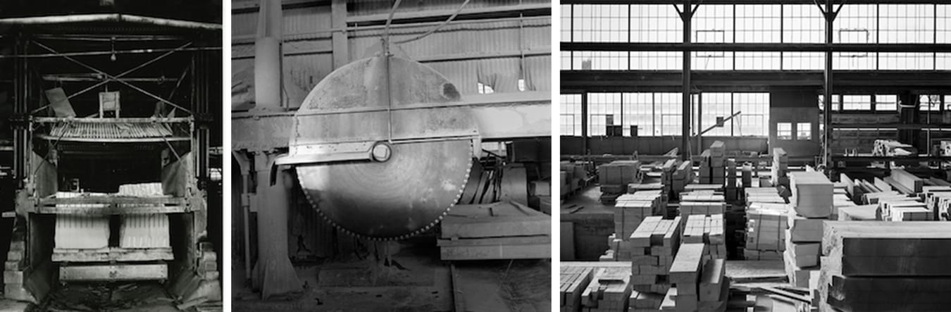 Plans for the limestone heritage park include displaying historical quarry machinery, offering stonecutters a place to show their craft, and developing an outdoor museum and entertainment venue. (l-r) Gang saw, photographed by Richard Koenig in a Monroe County dimension mill circa 1980; single-blade circular saw, photographed in Woolery Mill on Bloomington’s southwest side during the mid-1990s; Woolery Mill, 1980. The 1930s building is now an events venue, One World at Woolery, and is designated as a National Historic Landmark. | Photography by <a href="http://people.kzoo.edu/~rkoenig/homepage.html" target="“_blank"">Richard Koenig</a>