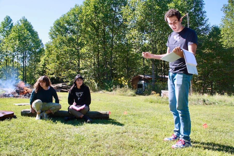 (l-r) Jess Kantorowitz, Char Nakashima-Conway, and Lorenzo Rosado rehearse at one of the many spaces available at the Hundredth Hill artist retreat. | Photo by Grayson Pitts