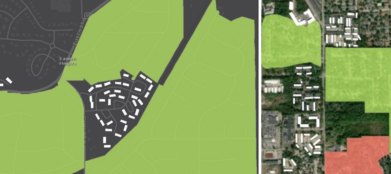 In northeast Bloomington, the Eastern Heights Neighborhood Ass(left) In northeast Bloomington, the Eastern Heights Neighborhood Association surrounds, but does not include, the Meadow Park Apartments. (right) Sherwood Oaks and Sunny Slopes Neighborhood Associations are colored green because any resident may join — as long as they live in the boundaries of the association. Peppergrass Neighborhood Association is in red to indicate only property owners are eligible to belong. Numerous apartments are shown along South Walnut Street Pike. | StoryMap by Mark Stosberg. Sources: neighborhood data from City of Bloomington; apartment data from OpenStreetMap.ociation surrounds, but does not include, the Meadow Park Apartments. Sherwood Oaks and Sunny Slopes Neighborhood Associations are colored green because any resident may join — as long as they live in the boundaries of the association. Peppergrass Neighborhood Association is in red to indicate only property owners are eligible to belong. Numerous apartments are shown along South Walnut Street Pike. | StoryMap by Mark Stosberg. Sources: neighborhood data from City of Bloomington; apartment data from OpenStreetMap.