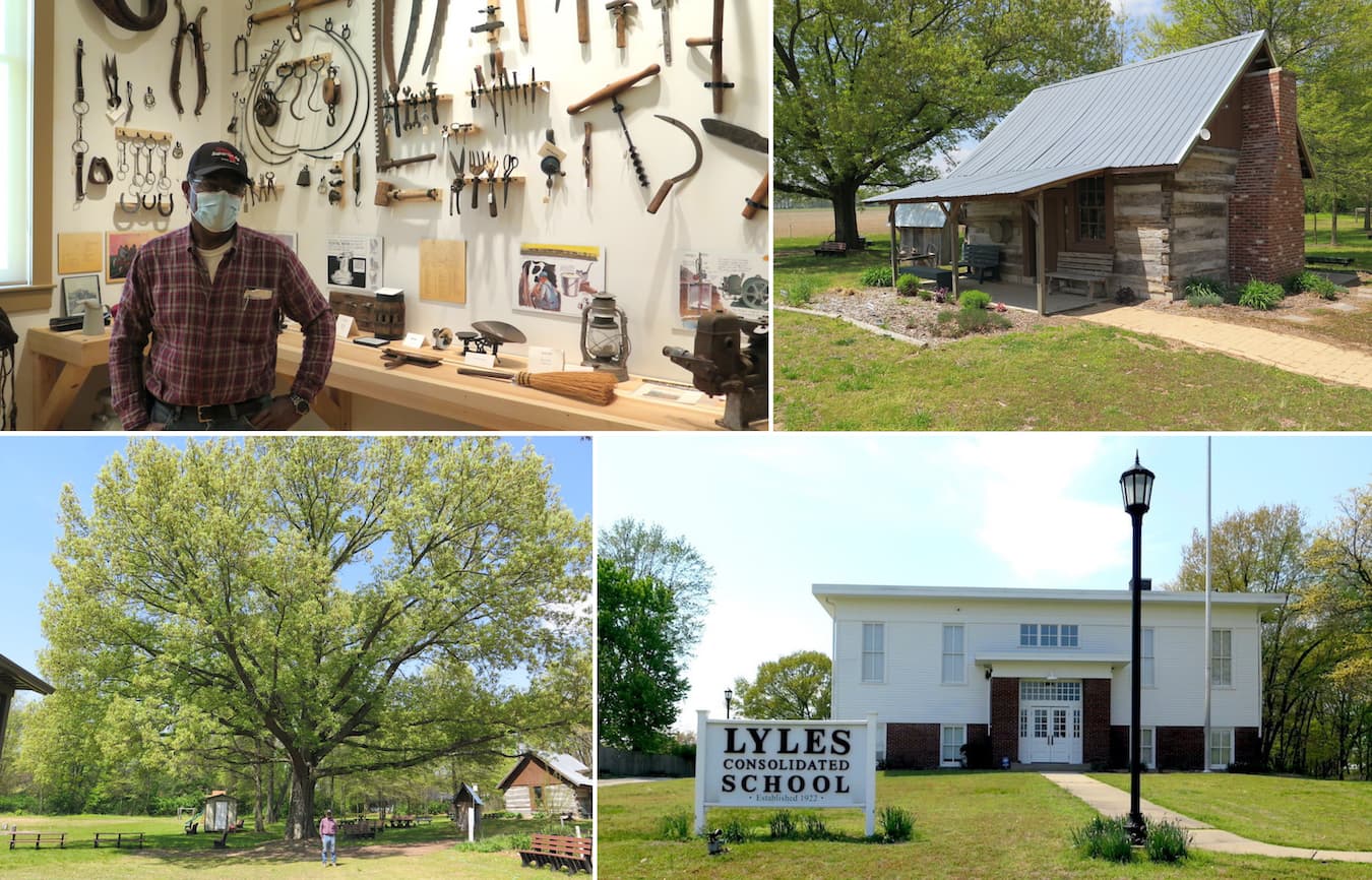 (top left) Stanley Madison in the Lyles Station museum, which holds hundreds of pioneer artifacts; similar items from Lyles Station are featured in the exhibit ‘The Power of Place’ in the Smithsonian Institution’s National Museum of African American History and Culture in Washington, DC. (top right) This log cabin, similar to those built by early pioneers, is where today’s schoolchildren learn about pioneer life at Lyles Station. (bottom left) Stanley stands under an oak tree at Lyles Station, which used to be a stopover on the Underground Railroad, and on June 19 will hold a Juneteenth Celebration. (bottom right) The museum is in the Lyles Station Consolidated School, which also houses a re-created schoolroom from the early 1900s. | Limestone Post