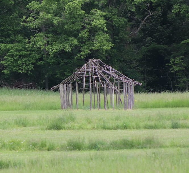 This reconstructed frame of a daub house at Angel Mounds is like those that might have been used at the settlement. While the inhabitants were agricultural people, the town was also a trading hub due to its proximity to several rivers. | Photo by Laura Martinez