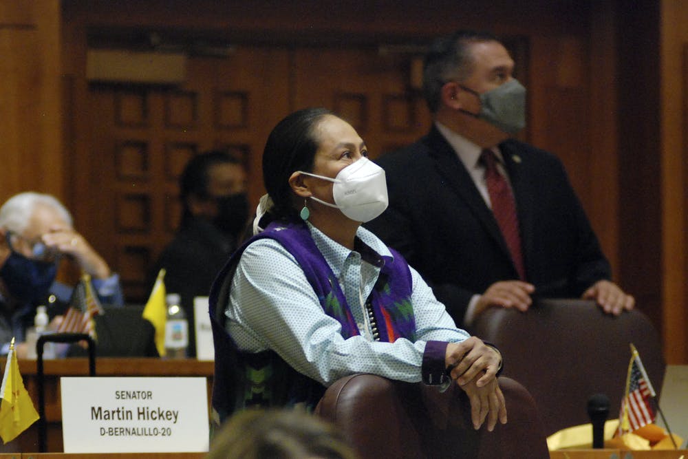 New Mexico state senators, including Shannon Pinto, D-Tohachi, prepare for the opening of a special legislative session on redistricting on December 6, 2021, in Santa Fe, New Mexico. | AP Photo/Morgan Lee