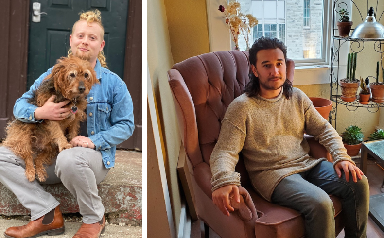 Jasper Wirtshafter (left, with Cecil) and Zackary Dunivin are members of Bloomington Cooperative Living, which includes four houses democratically run by its 60 members. At the start of the pandemic, they realized they needed to create agreements to keep everyone safe. | Photos by Laura Lasuertmer