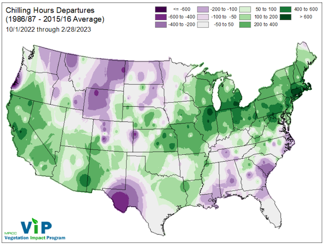 Chilling hours are the average number of hours, or a range of hours, when air temperature is between 32° and 45° F during the winter season. These chilling hours are needed for normal tree development. From 1986 to 2016 the number of chilling hours fell by a range of 200 to 400 hours (about 8 to 16 days) per winter in most of Indiana. | Source <a href="https://mrcc.purdue.edu/VIP/indexChillHours.html" target="_blank" rel="noopener">mrcc.purdue.edu/VIP/indexChillHours.html</a>