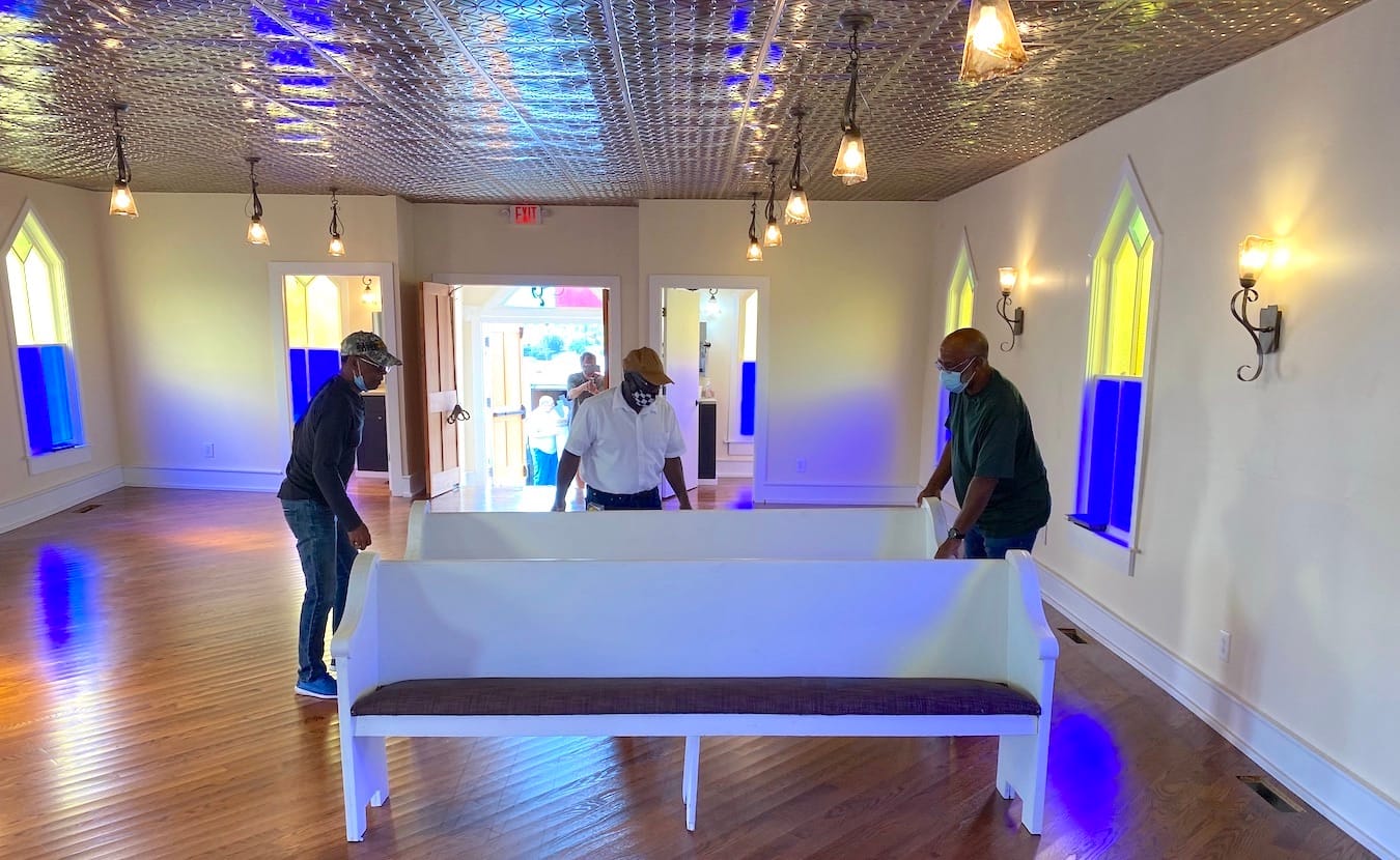 A dedicated group of volunteers from Bloomington’s Second Baptist Church traveled to West Baden with Mitchell twice a week to do repairs. (l-r) Richard Brown, Deacon Cleveland Thomas, and Deacon William Brown. | Courtesy photo