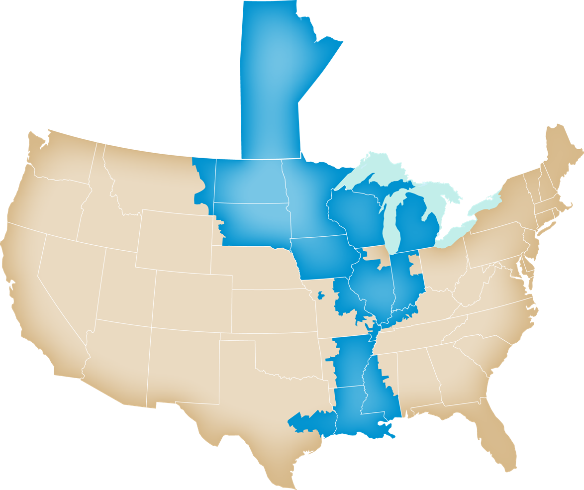 Midcontinent Independent System Operator (MISO) is one of nine independent regional transmission organizations that transmit energy in the U.S. It covers part of Canada and all or part of fifteen states, including most of Indiana. MISO ensures that power is transmitted via power lines to residential homes, businesses, universities, and anyone who needs power. | Map by <a href="https://commons.wikimedia.org/wiki/File:2015_MISO_Map.png" target="_blank" rel="noopener">Kaceyageorge</a> via Wikimedia Commons <a href="https://creativecommons.org/licenses/by-sa/4.0&gt;, via Wikimedia Commons" target="_blank" rel="noopener">CC BY-SA 4.0</a>