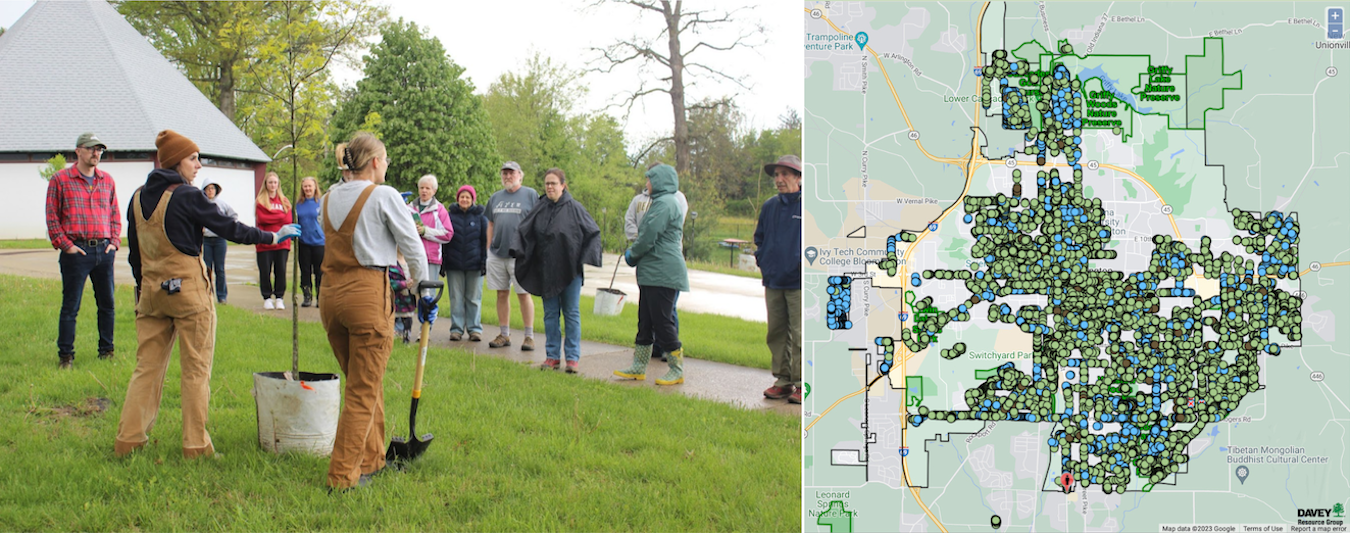 (left) A community tree planting and education demonstration by CanopyBloomington. | Photo by Caroline Woertz; (right) Screenshot of <a href="https://bloomingtonin.treekeepersoftware.com/" target="_blank">Bloomington TreeKeeper page</a> shows a live inventory of every publicly owned tree in the city.