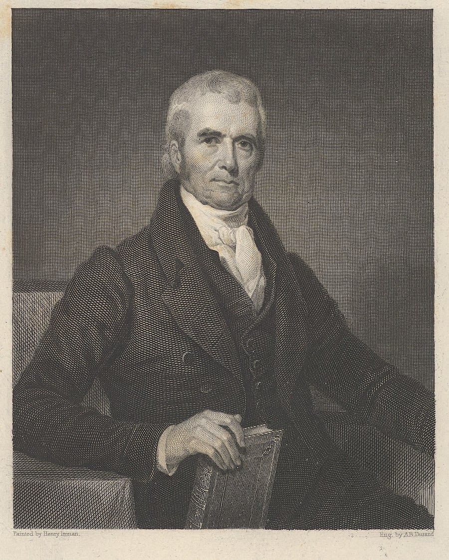 John Marshall was a distant cousin of Thomas Jefferson and served as a staff officer for General George Washington, secretary of state for President John Adams, and chief justice of the United States. | Painting of Marshall by Henry Inman, 1833