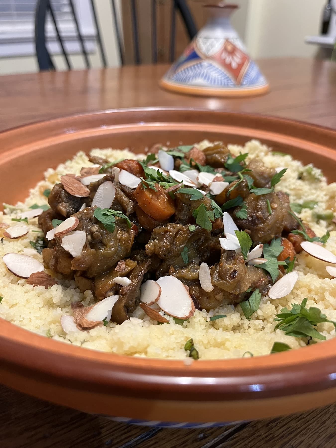 Chermoula with eggplant and carrots on couscous. | Photo by Ruthie Cohen